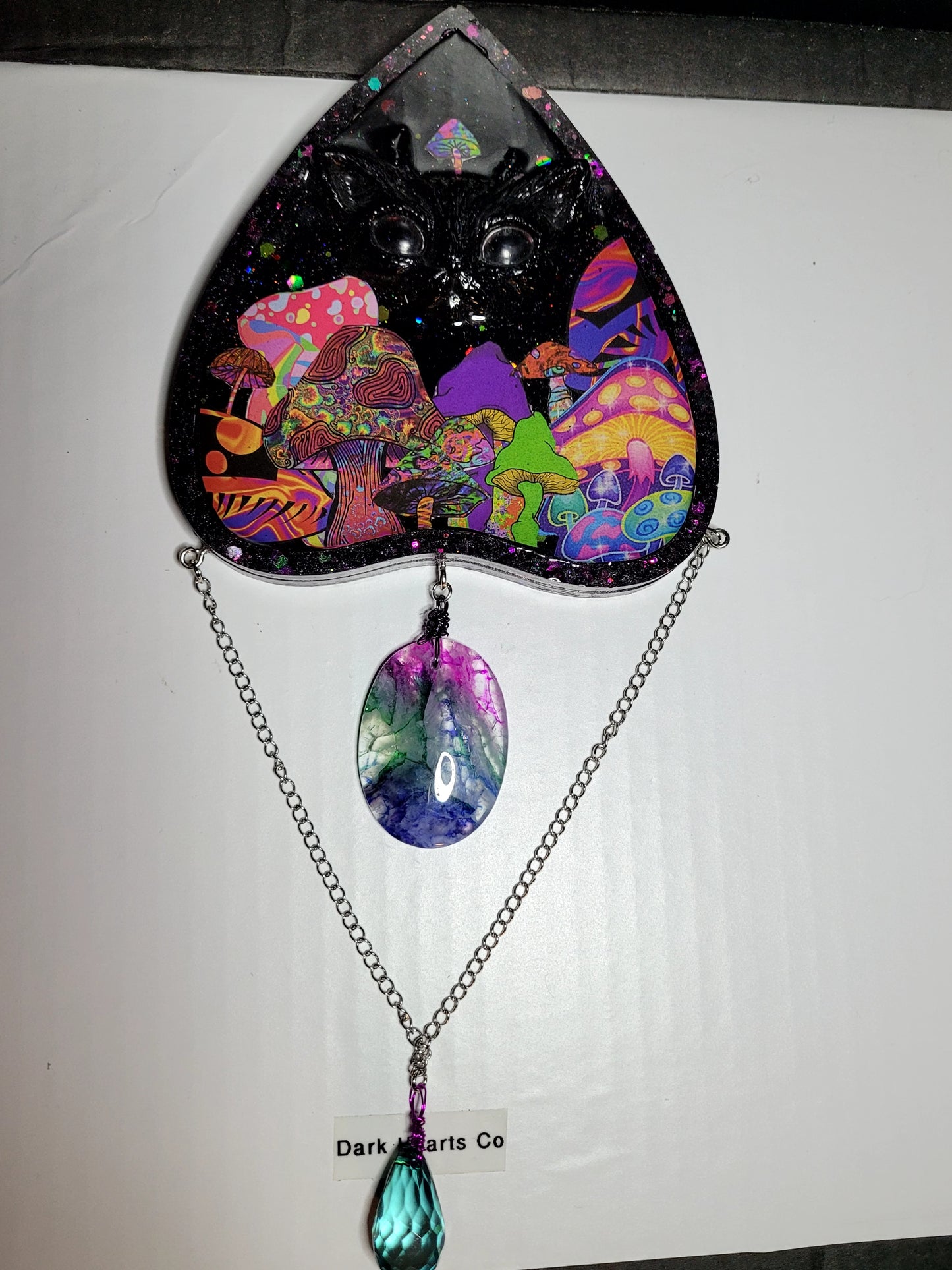 Trippy Mushroom Planchette Wall Hanger w/ Dragon Vein Agate Stone
