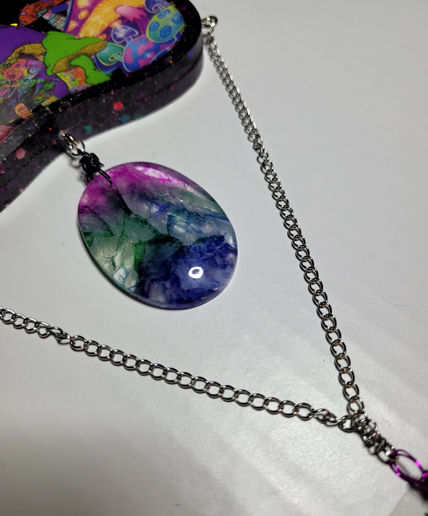Trippy Mushroom Planchette Wall Hanger w/ Dragon Vein Agate Stone