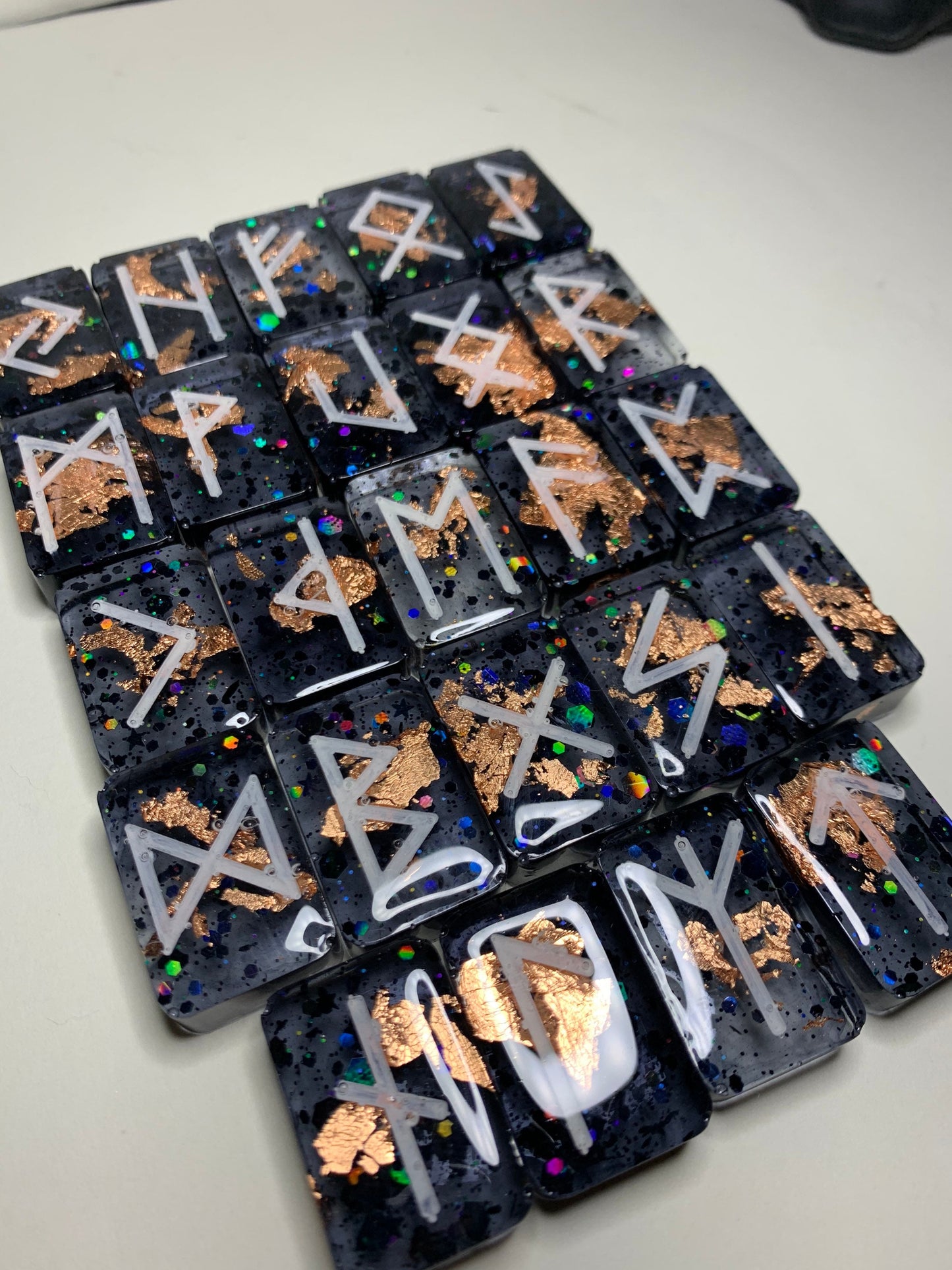24 Piece Black Holo Glitter and Copper Flakes Runes Set