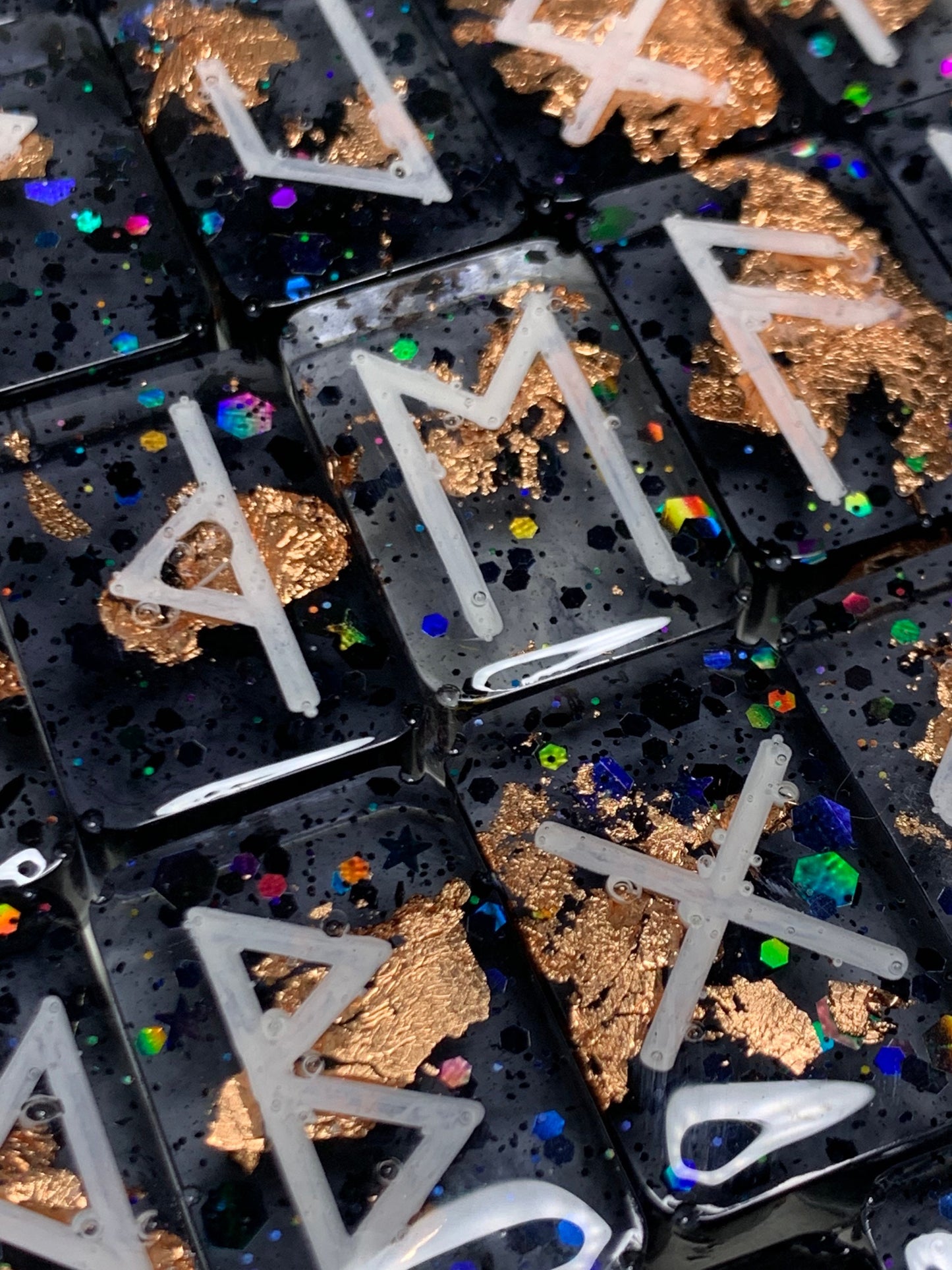 24 Piece Black Holo Glitter and Copper Flakes Runes Set