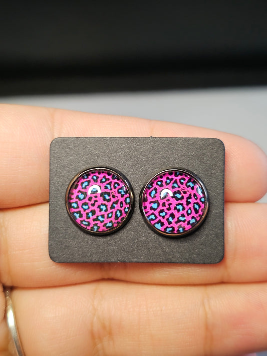 Pink & Blue Leopard Stud Earrings