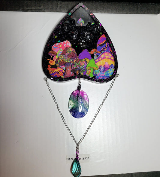 Trippy Mushroom Planchette Wall Hanger w/ Dragon Vein Agate Stone