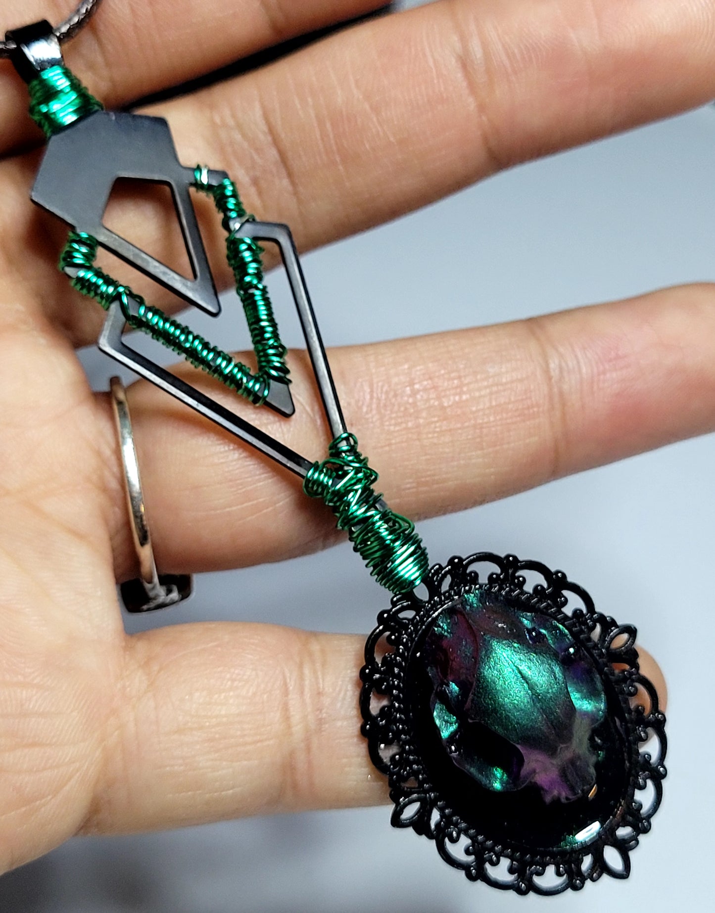 Teal/Purple Color Shift Cat Skull Cameo Necklace
