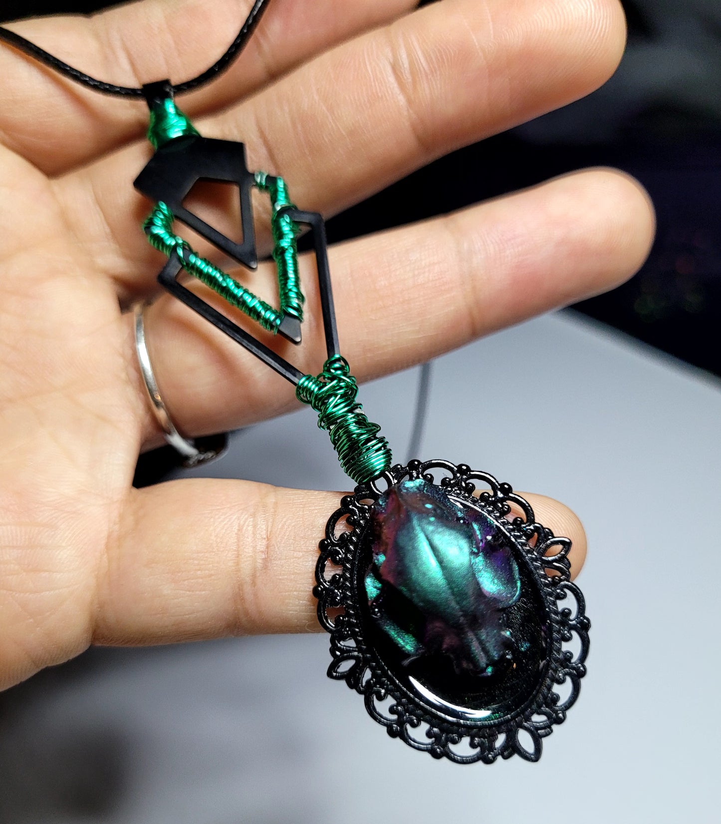 Teal/Purple Color Shift Cat Skull Cameo Necklace