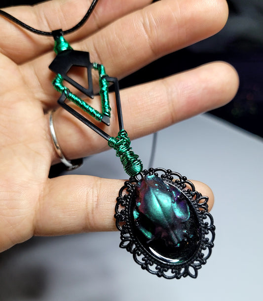Teal/Purple Color Shift Cat Skull Cameo Necklace