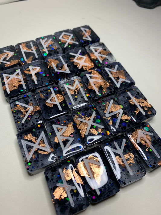 24 Piece Black Holo Glitter and Copper Flakes Runes Set